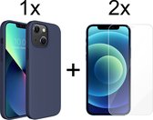 iPhone 13 hoesje donker blauw siliconen apple hoesjes cover hoes - 2x iPhone 13 screenprotector