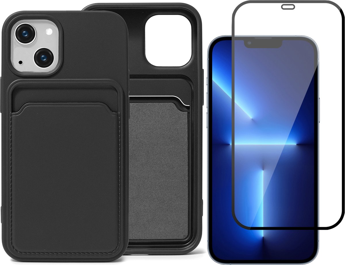 Zwart Pasjeshouder Hoesje geschikt voor iPhone 13 - Full Screenprotector Glas + Kaart TPU Hoesje Backcover