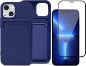 Blauw Pasjeshouder Hoesje geschikt voor iPhone 13 - Full Screenprotector Glas + Kaart TPU Hoesje Backcover