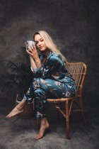 Pyjama dames - satijn - nachtkleding - lange mouw - blauw met rozen - maat S/M - luxe cadeau vrouw -Januari Sale