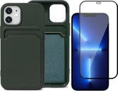 Groen Pasjeshouder Hoesje geschikt voor Apple iPhone 12 Mini - Screenprotector Glas - Case met Pasjeshouder - Backcover