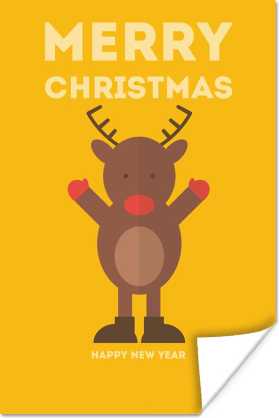 Poster Kerst - Quotes - Illustratie - Rendier - Merry Christmas - Geel - 20x30 cm - Kerstmis Decoratie - Kerstversiering - Kerstdecoratie Woonkamer