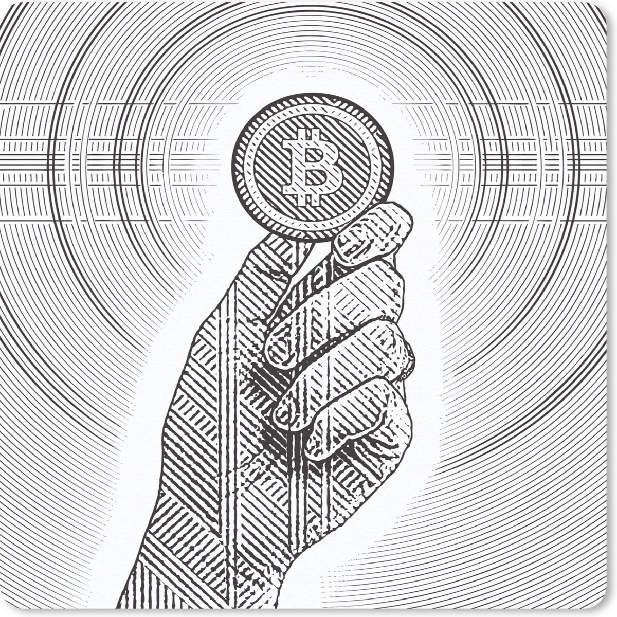 Muismat - Gravure tekening van een hand met een bitcoin - 20x20 cm -