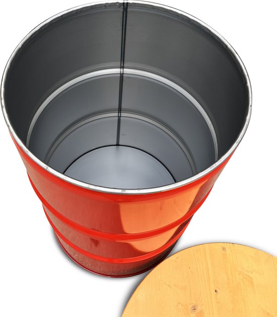 Table debout industrielle / poubelle 2 en 1 Barrelkings| Baril d'huile en métal 200 Litres rouge Poubelle / Prullenbak 200 Litres avec couvercle troué | Table de bar / Table suspendue avec plateau en bois laqué. 80 cm / 105 cm Contenu 200 litres.