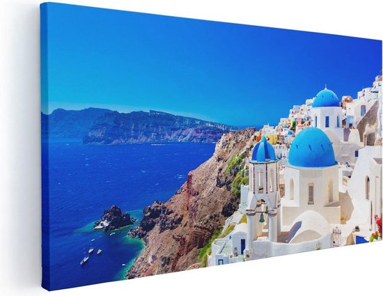 Artaza Canvas Schilderij Blauwe Huizen met Koepels in Griekenland - 40x20 - Klein - Foto Op Canvas - Canvas Print