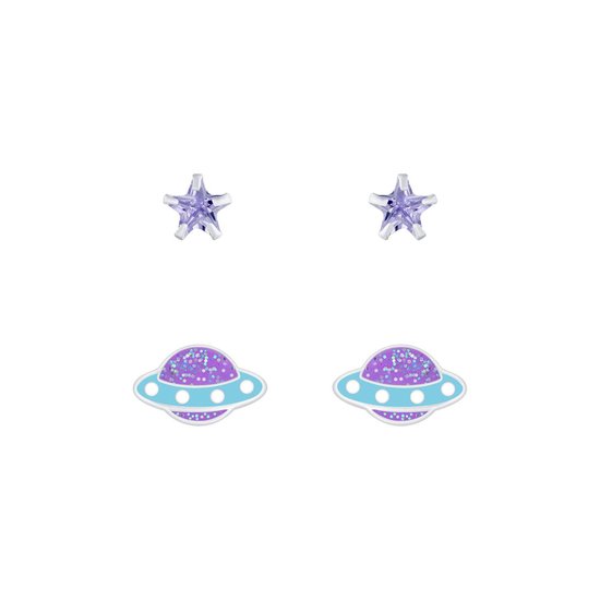 Joy|S - Zilveren planeet en ster oorbellen - set 2 paar - kinderoorbellen
