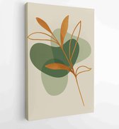 Canvas schilderij - Green and earth tone background foliage line art drawing with abstract shape and watercolor 2 -    – 1922511887 - 80*60 Vertical