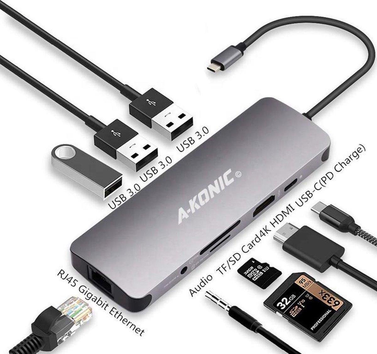 AKONIC© USB C Docking Station HUB met HDMI, RJ45 en meer