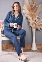 Dames Pyjama | Katoen | Lange Mouw | Lange Pyjama Broek |2-delige set | Maat XL |MARINEBLAUW