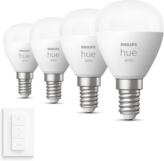 Philips Hue White E14 Uitbreidingspakket - 4 Hue Kogellampen en Dimmer Switch - Warm Wit Licht - Dimbaar