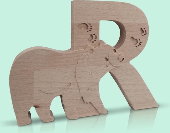 Lettre R en bois avec un ours