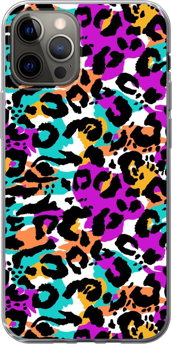 Telefoonhoesje Geschikt voor iPhone 12 Pro hoesje - Panterprint - Regenboog - Wit - Siliconen Telefoonhoesje Telefoonhoesje