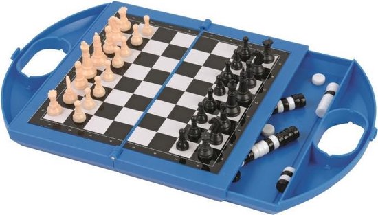 Afbeelding van het spel schaken en dammen reisspel 25 cm blauw/zwart/wit