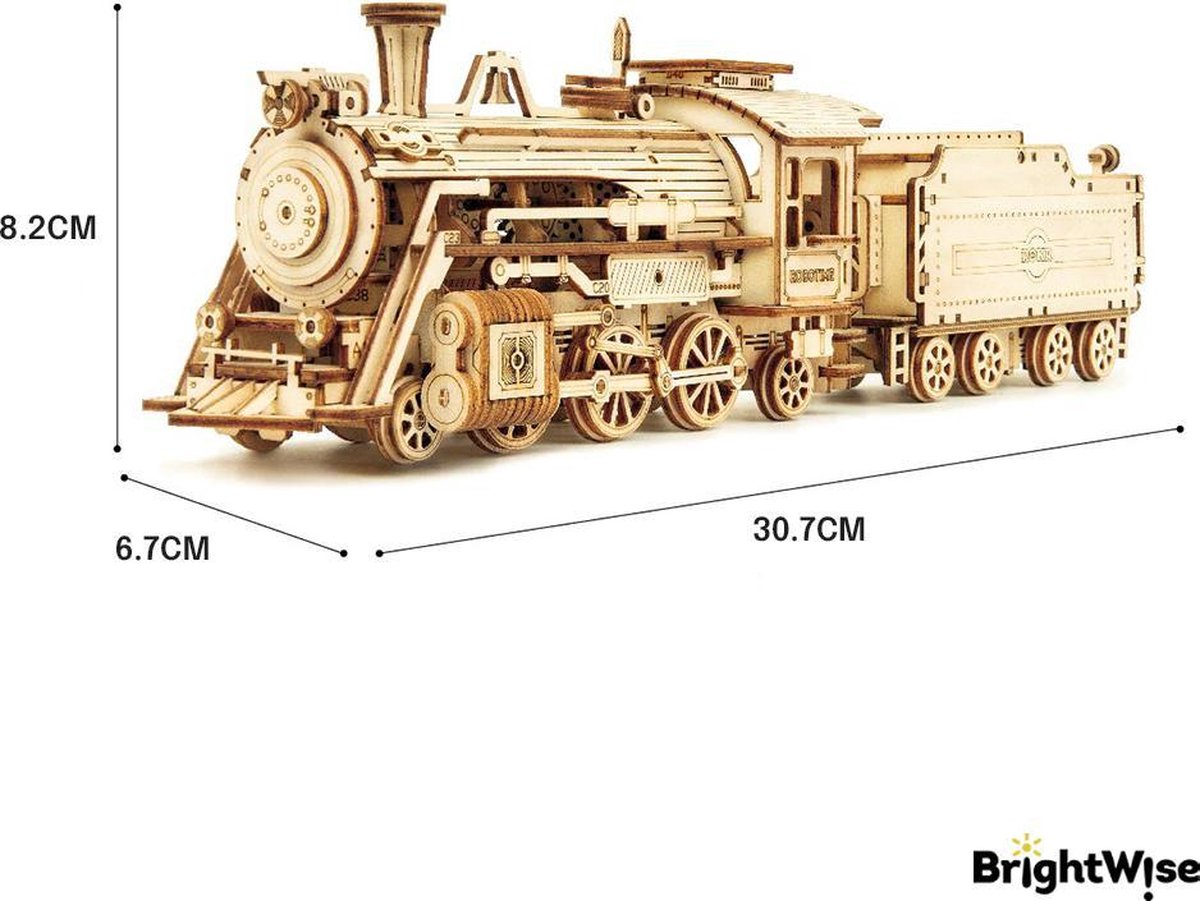 BrightWise® Robotime Stoomtrein Stoomlocomotief Hout Modelbouw Pakket Zonder Lijm - Bouwpakketten volwassenen - Bouwpakketten kinderen - Modelbouwpakketten volwassenen - Miniatuur bouwpakket volwassenen — afbeelding 2