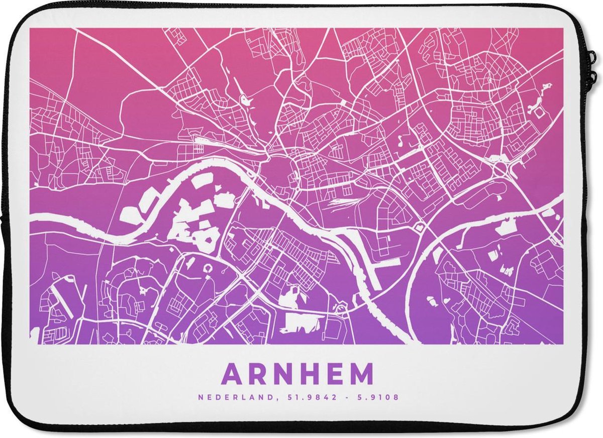 Laptophoes 13 inch - Stadskaart - Arnhem - Nederland - Paars - Laptop sleeve - Binnenmaat 32x22,5 cm - Zwarte achterkant