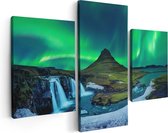 Artaza Canvas Schilderij Drieluik Noorderlicht bij de Watervallen in IJsland - 90x60 - Foto Op Canvas - Canvas Print