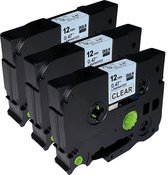 DULA - Brother Compatible Label Tape TZe-131 - 12 mm x 8 m - Zwart op Transparant - TZe131 - 3 Stuks