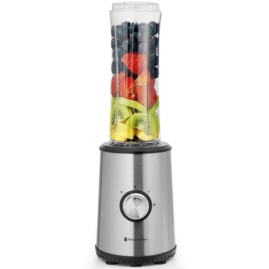 KitchenBrothers Mini Blender - Smoothie Maker - 2 To-Go Bekers - 350W - RVS  | bol