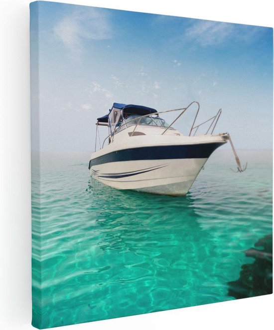 Artaza Canvas Schilderij Motorboot aan het Strand met Blauw Water - 70x70 - Foto Op Canvas - Canvas Print