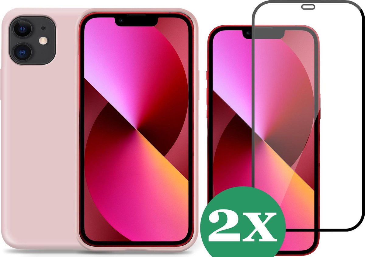 Hoesje geschikt voor iPhone 12 Mini siliconen roze case - 2x Screen Protector Glas