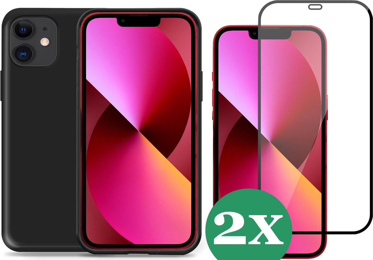 Hoesje geschikt voor iPhone 12 Mini siliconen zwart case - 2x Screen Protector Glas