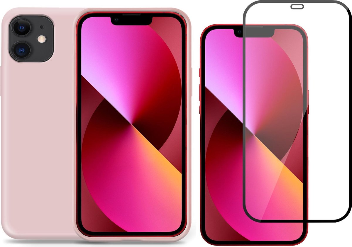 Hoesje geschikt voor iPhone 12 siliconen roze case - Screen Protector Glas