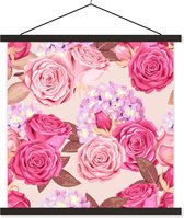 Posterhanger incl. Poster 40x40 cm - Schoolplaat - Bloemen - Rozen - Roze - Textielposter - Zwarte latten
