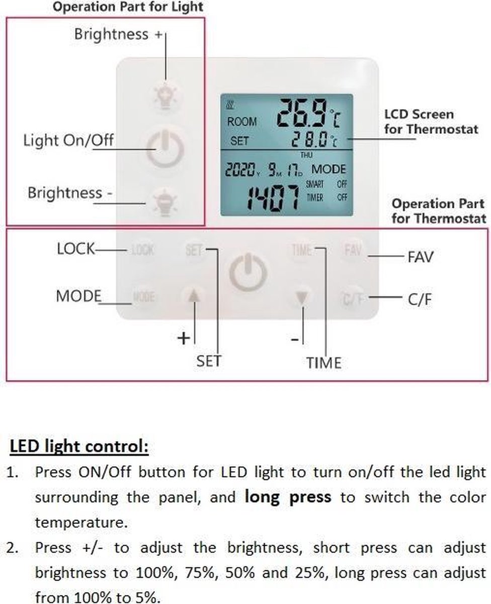 Byecold HHL 700 Watt Infrarood paneel met LED verlichting 108 x 63 cm - Infraroodpaneel / Infrarood Verwarming - Dimbaar en met thermostaat - Met Stekker – foto 6