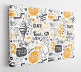Canvas schilderij - Seamless pattern with orange and black sketch symbols, lettering and labels. Vector funny Illustration on white background. Decorative elements for your packing