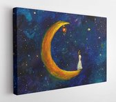Canvas schilderij - Painting oil - Girl on a big moon in space, illustration for fairy tale, fabulous worlds - modern art impressionism abstract landscape acrylic paint artwork  -