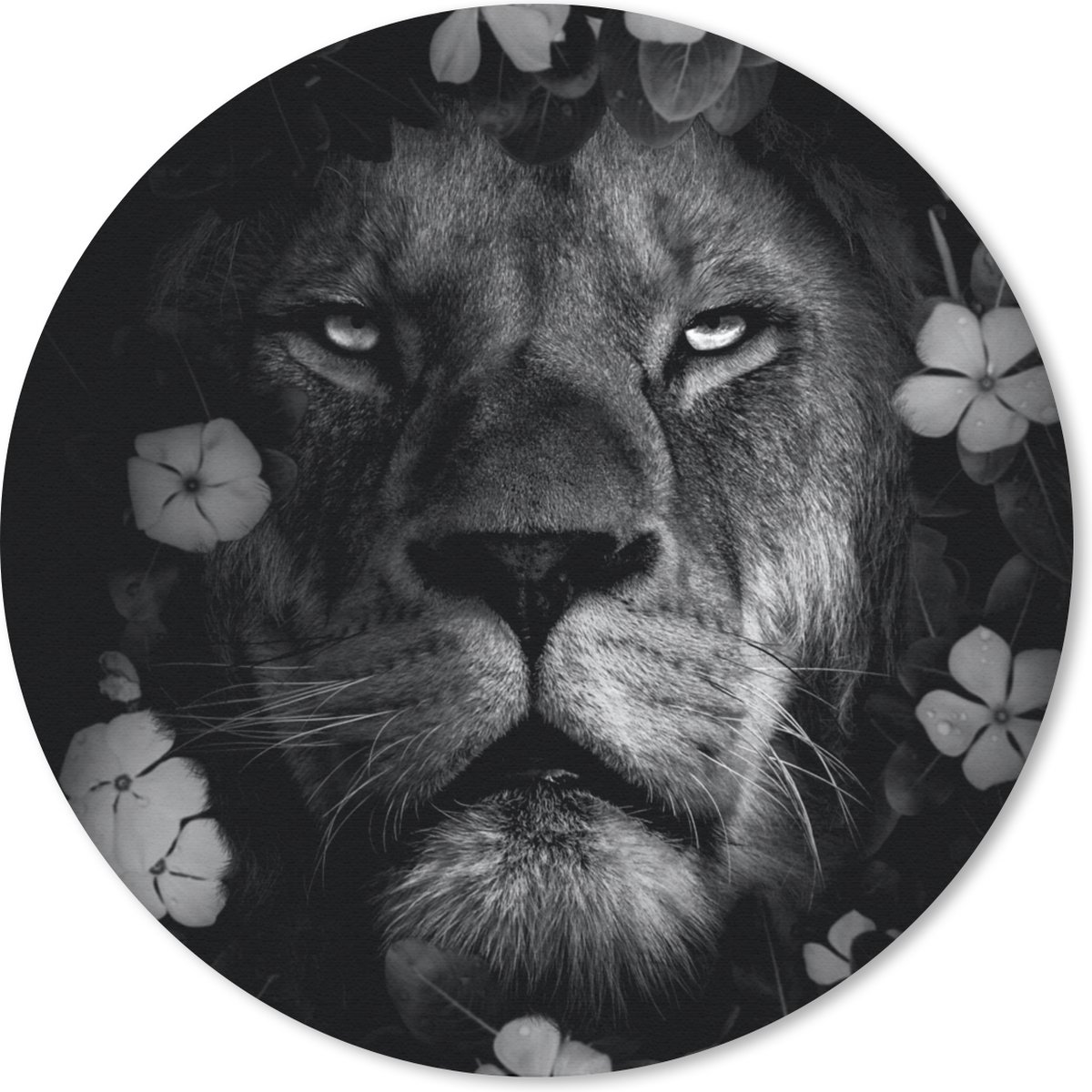 Muismat rond 20x20 cm - Mousepad Bloemen - Leeuw - Jungle - Zwart - Wit - Ronde muismatten