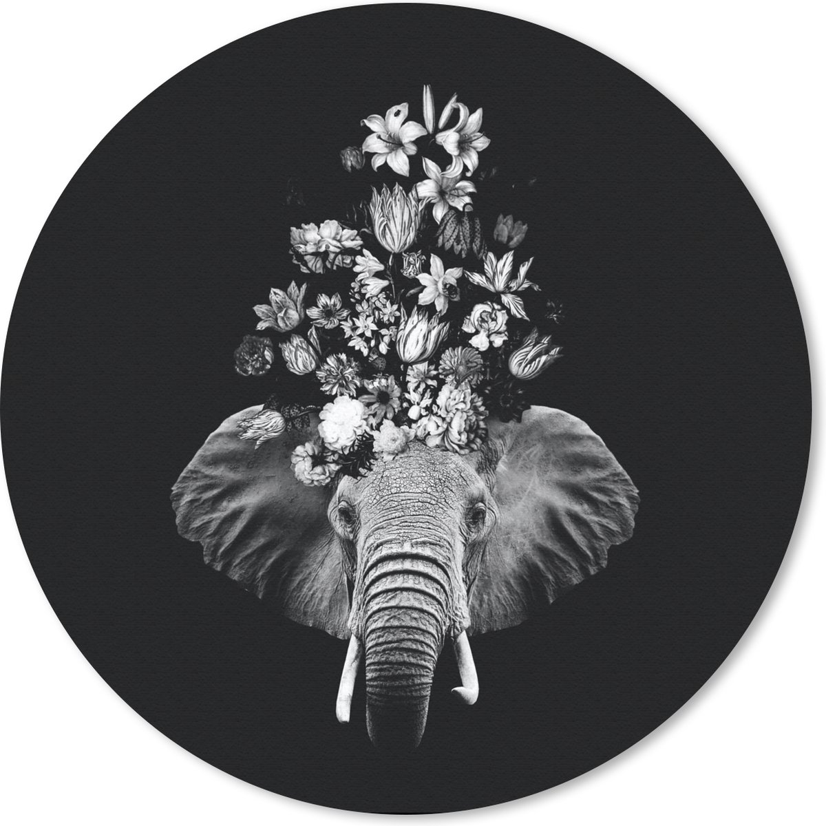 Muismat rond 20x20 cm - Mousepad Olifant - Bloemen - Zwart - Wit - Ronde muismatten