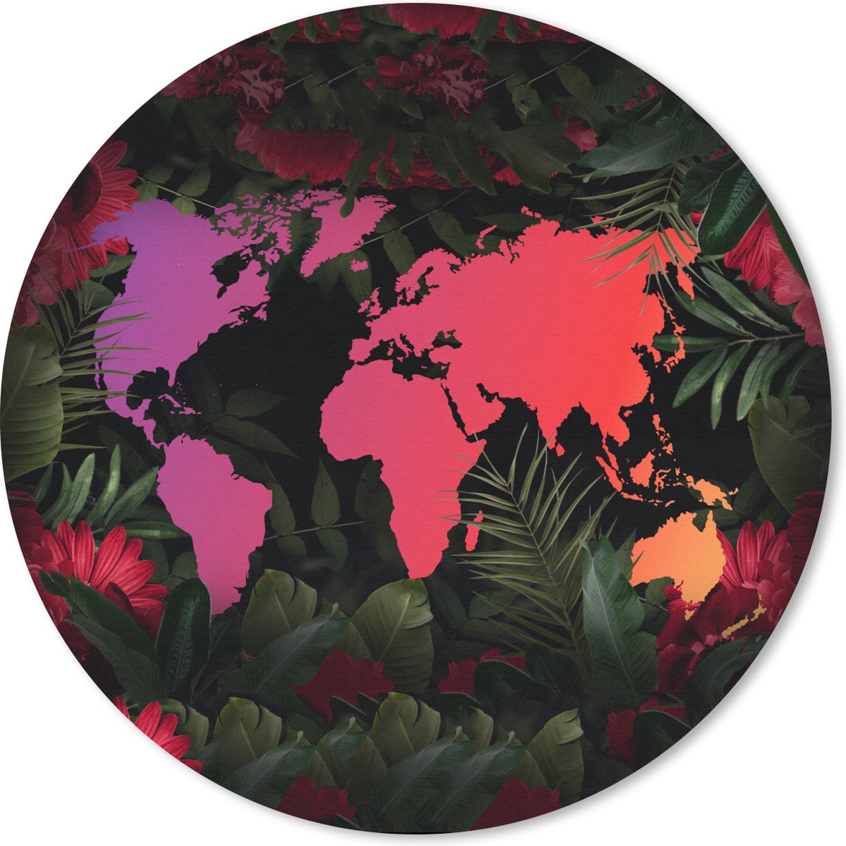 Muismat rond 30x30 cm - Mousepad Wereldkaart - Kleuren - Bloemen - Ronde muismatten