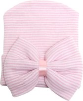 Pasgeboren babymutsje -gestreept- roze-wit -strikje -babyborn muts - meisjes