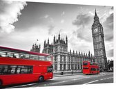 Rode bussen langs de Londen Big Ben in zwart en wit - Foto op Dibond - 90 x 60 cm