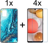 Samsung A42 Hoesje - Samsung Galaxy A42 Hoesje Marmer Donkerblauw Oceaan Print Siliconen Case - 4x Samsung A42 Screenprotector