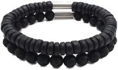 H-Beau - Duo – Cadeau - Set van 2 Handgemaakte Armbanden - Breedte: 8mm – Lengte: 21cm - Zwart - Mannen Armband - Natuurstenen - Natuurkralen - Onyx – Kokos – Hout - Kralen - RVS K