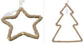 Kerstster - kerstboom - touw - jute - LED - lampjes - decoratie - 2 stuks - hanger