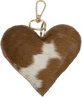 Sleutelhanger koehuid hart bruin/wit medium goud