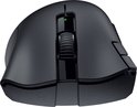 Vooraanzicht van de zwarte Razer Deathadder V2 X HyperSpeed gamingmuis, met de gedetailleerde scrollwiel en knoppen.