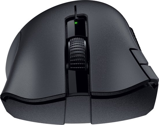 Vooraanzicht van de zwarte Razer Deathadder V2 X HyperSpeed gamingmuis, met de gedetailleerde scrollwiel en knoppen.