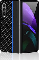 Samsung Galaxy Z Fold 3 Hoesje Case - Back Cover - Carbon Print - Zwart met Blauwe Streep