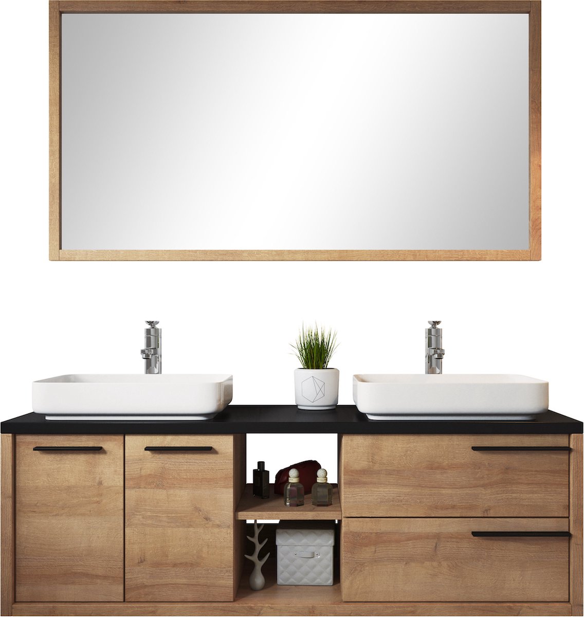 Meuble de salle de bain Vermont 150cm avec miroir - chêne avec noir | bol