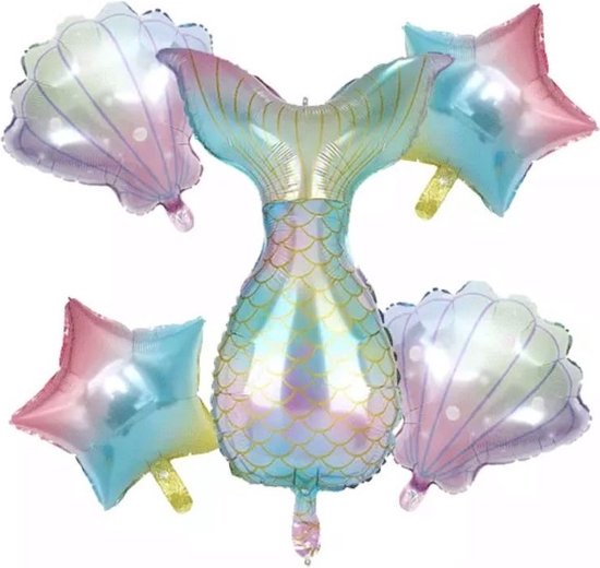 Grote Folie Ballonnen Set Zeemeermin - 5 folieballonnen met lint en rietje - Mermaid versiering - Feestpakket - Verjaardag versiering zeemeermin feestartikelen Birthday party kinderfeestje Cadeau Communie