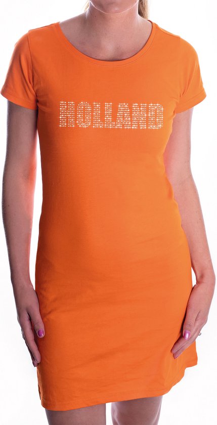 Glitter Holland jurkje oranje met steentjes/rhinestones voor dames - Oranje fan shirts - Holland / Nederland supporter - EK/ WK jurkje met korte mouwen / outfit