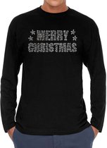 Glitter kerst longsleeve shirt zwart Merry Christmas glitter steentjes/ rhinestones   voor heren - Shirts met lange mouwen - Glitter kerst shirt/ outfit S