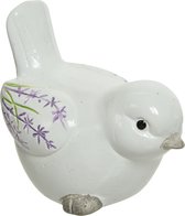 Tuinbeeld vogel wit met lavendel bloemen en staart omhoog 9 cm - Tuin decoratie dieren beelden