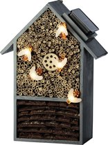Grijsgroen vlinderhuis/bijenhuis/wespenhotel met solar lampjes voor insecten 31 cm - Tuindecoratie - Diervriendelijk - Hotel/huisje voor insecten - Bijenhuis/vlinderhuis/lieveheersbeestjehuis