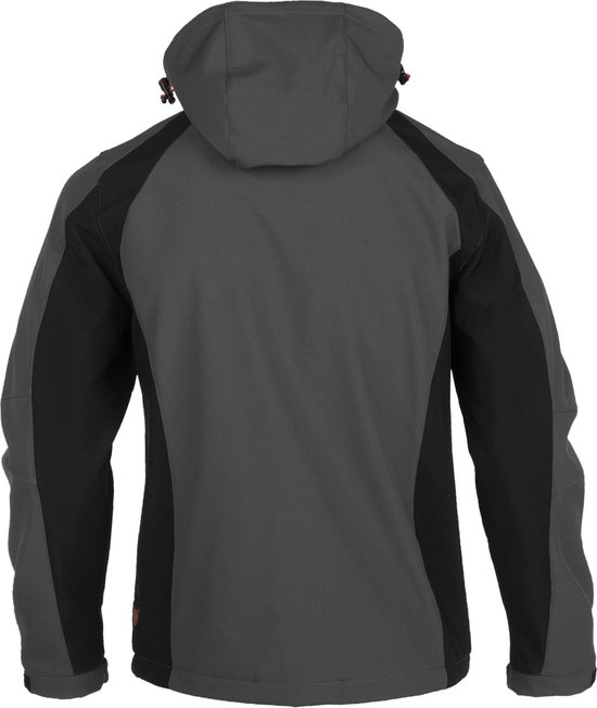 Achterkant van een grijze Herock softshell jas met zwarte panelen op de zijkanten.