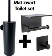 Waal© - Toilet set - Toiletset - Toiletaccessoiresets - Toiletaccessoires - Toiletborstels - Wcborstel - handdoek - haakje - houder - Planchet -  Zwart - mat zwart - zelfklevend -